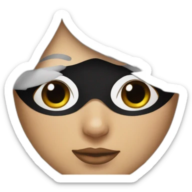 A woman with white hair and cat ears and a black mask around her eyes has white skin sticker