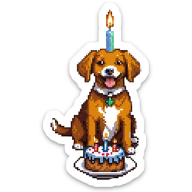 happy dog with candle-lit birthday cake sticker
