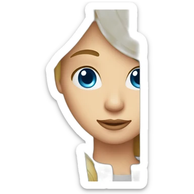 blond woman blue eyes behind computer sticker