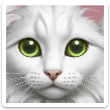 Fluffy white Turkish van cat with gray spot on next to one ear and green eyes sticker