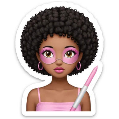 Dark brown skin girl with short black curly hair afro styled , she has pretty wispy cat eyelashes and is wearing a light pink tube top with lip gloss  sticker