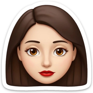 A woman emoji with fair skin, slightly wavy dark brown hair parted in the middle, an oval-shaped face, arched dark eyebrows, almond-shaped brown eyes, a small straight nose, and red lips. sticker