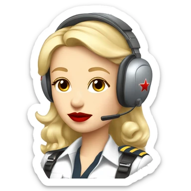 Blonde Russian pilot girl with red lips with airplane pilot headset   sticker