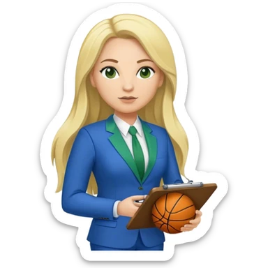 Full Body white plus size female basketball head coach using a clipboard with long blonde hair in a blue and green suit sticker