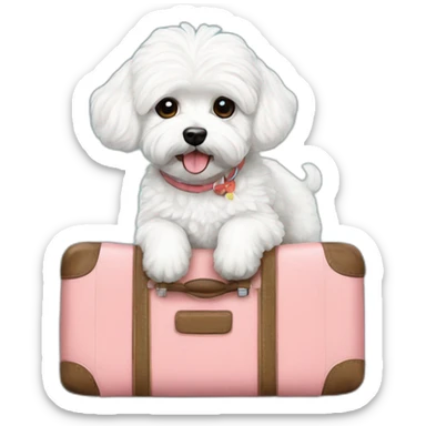 white maltipoo with Hawaiian luggage sticker