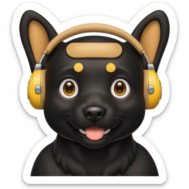 black happy dog wearing yellow headphones sticker