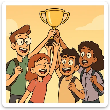 four students in a warm atmosphere lifting a trophy, modern cartoon style, bright background sticker