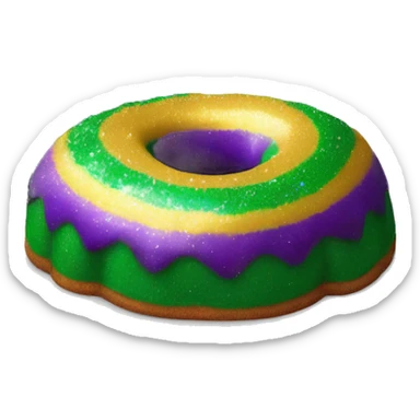 Realistic single isolated flat mardi gras oval bundt king cake with glitter icing on top half of the cake. sticker