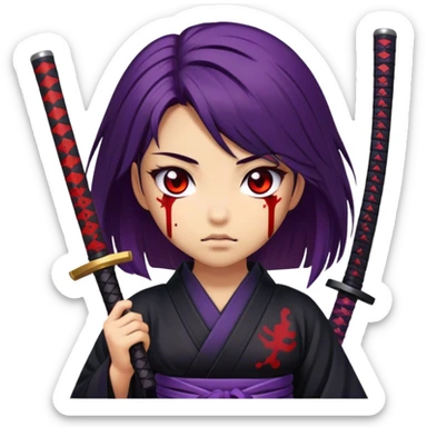 A samurai girl with deep purple hair, black kimono, holding a bloodstained katana sticker