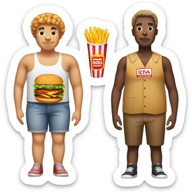 A person with a burger as the torso, potato wedges as the legs, a chicken nugget for the head and a soda and straws for the arm sticker