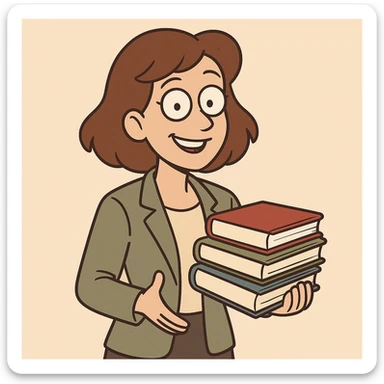 teacher with brown hair holding books, cartoon style, smiling, simple background sticker