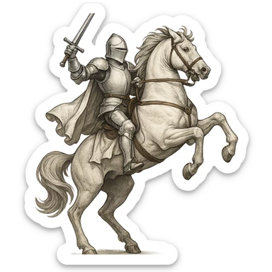 a white knight on a rearing white horse, dynamic, dramatic, clean background sticker