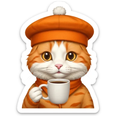 Orange cat, wear beret hat, holding coffee mug sticker