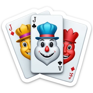 bunch of 3 poker cards, with crazy colorful jolly jokers inside, inversed face sticker