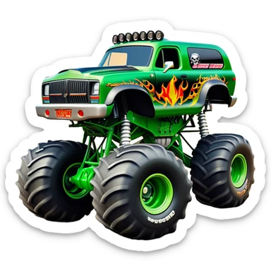 Grave Digger - Monster Jam (Model Year: 2022) (Iconic colour: Green with flames) - A legendary monster truck with a fearsome design: predominantly deep green with dynamic, vibrant flame graphics in bright orange and yellow. Highlight its rough, edgy bodywork and an aura of untamed rebellion. sticker