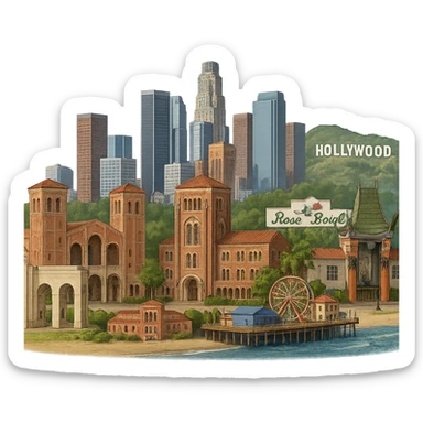 Make the buildings in the Los Angeles emoji more realistic with lifelike architectural detail and accurate proportions, while keeping the current layout: Los Angeles Memorial Coliseum arches, Royce Hall at UCLA, Bovard Administration Building at USC, Rose Bowl Stadium with its neon sign positioned more inland, Santa Monica Pier and beach at the coast, downtown LA skyline, Chinese Theater, and Hollywood Sign. Maintain accurate colors, bright daytime lighting, fully transparent background, no sky, no clouds, and no city name label. Do not change the layout or composition. Style should reflect realistic architectural detail and accurate proportions. sticker