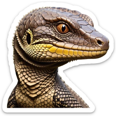 Cinematic Noble brown camo spotted monitor Lizard Portrait Emoji, Poised and regal, with a robust, scaled body exhibiting striking, mottled patterns and piercing, alert eyes, Simplified yet sharp and sophisticated features, highly detailed, glowing with a soft, earthy glow, high shine, intelligent and formidable, stylized with an air of ancient wilderness, focused and commanding, soft glowing outline, capturing the essence of a watchful and confident reptilian guardian that appears ready to stride out of the screen with effortless authority! sticker