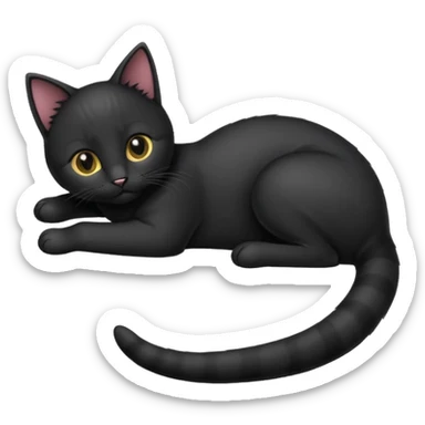 black kitten lying down with curled tail, iPhone emoji style sticker