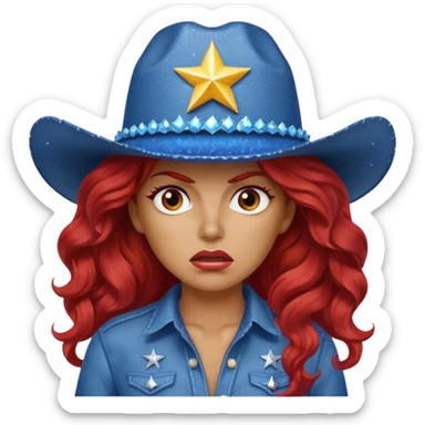 Angry woman with big red wavy hair wearing sparkly blue cowboy hat  sticker