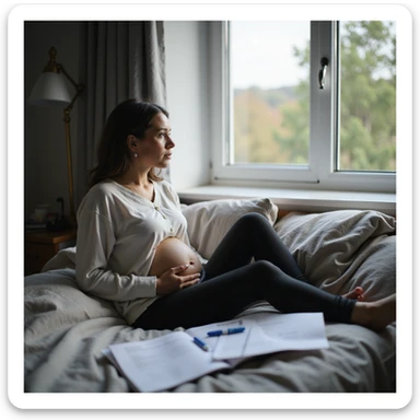woman sitting on bed, thoughtful look towards window, pregnancy test and medical records nearby, emotional atmosphere, realistic details, natural light, 4K quality sticker