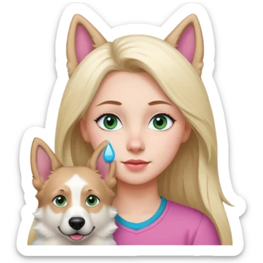 White European young woman with blue-green eyes and long blond hair with her white German Shepherd dog,the Dog hast a pink nose and short fur  and Brown eyes sticker