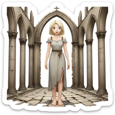 Female figure standing barefoot in ruined cathedral, dress slipping from shoulder sticker