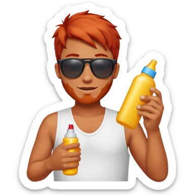 male red haired with suncream bottle and sunglasses, with sun burned sticker