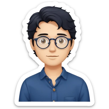 Torso view of young man with longer wavy black hair, round glasses, dark blue casual buttoned shirt sticker