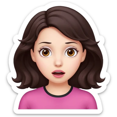 Barbie like emoji of a woman with white skin wavy dark brown hair, brown eyes wearing pink and with a surprised look sticker