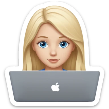 White girl with long blonde hair and blue eyes with laptop sticker