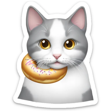 grey-white cat with white donut sticker