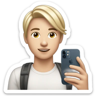 White teen with short hair taking a selfie with an iPhone 15 Pro sticker