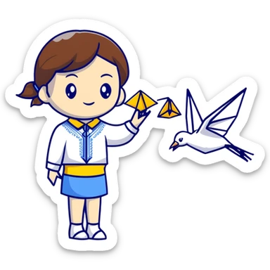Ukrainian young girl with brown hair wearing a white embroidered shirt holds an origami yellow-blue crane sticker