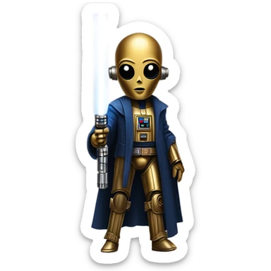 human-sized darkblue-pearl friendly bounty hunter c3po droid wearing a leather wild west duster coat holding light saber ready to fight but relaxed. antique sticker