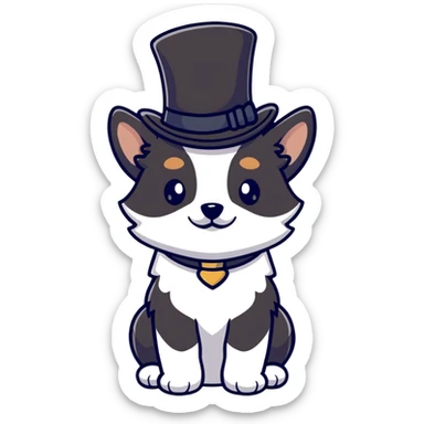 cute small tan and white dog with black nose, black round eyes, curly fluffy medium length hair, wearing a top hat sticker