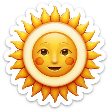 sun emoji, detailed burning surface, bright yellow-white, orange and red hues, radiant, simple and round sticker
