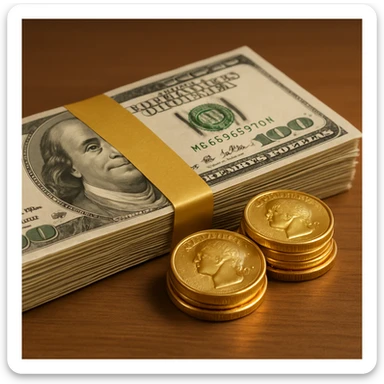 realistic emoji of money, detailed, shiny, looks like real cash or coins, photorealistic sticker