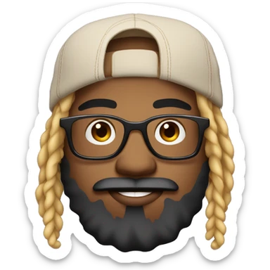 Guy with  blonde and black dreadlocks tied behind head, with big frame glasses, with beard and mustache, a trucker hat, septum ring, chubby cheeks, smiling showing teeth sticker