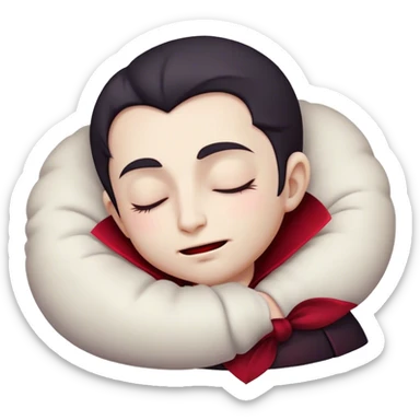 Meme-Worthy Cute Sleeping Vampire Portrait Emoji, with a refined, small, pale face softened by closed, serene eyes and a slight, peaceful smile, adorned in miniature elegant dark attire with a hint of fading crimson, simplified yet irresistibly adorable, highly detailed with a soft ethereal outline that captures the drowsy charm of a vampire in quiet nighttime slumber! sticker
