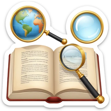 An icon featuring an open book, a speech bubble, and a magnifying glass, symbolizing the study of language and linguistics. The design includes letters, words, and a globe, representing the analysis of languages and communication across cultures. Transparent background. sticker