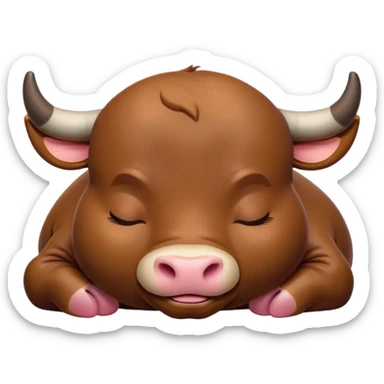 Meme-Worthy Cute Sleeping Brown Bull Portrait Emoji, Head resting peacefully with a contented smile, showcasing a robust, massive build and a luxuriously soft rich brown hide, eyes shut in a serene, restful nap, Simplified yet hilariously adorable features, highly detailed, glowing with a soft, drowsy light, high shine, relaxed and utterly lovable, stylized with an air of playful laziness, bright and heartwarming, soft glowing outline, capturing the essence of a comically sleepy guardian, so meme-worthy it feels like it could instantly become the next viral sensation of adorable slumber! sticker