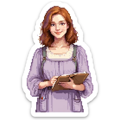 Calm female artist, Caucasian features, shoulder-length auburn hair, soft brown eyes, gentle smile, wearing a violet smock over a light beige top, holding a sketchbook close to chest, waist-up, front-facing sticker