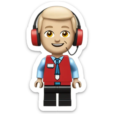 LEGO customer service bald men with headset with red shirt sticker