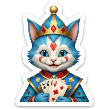 crazy colorful cute little cat jolly joker from poker, medieval, vintage, court jester, mac os icon, blue color, holds poker cards sticker