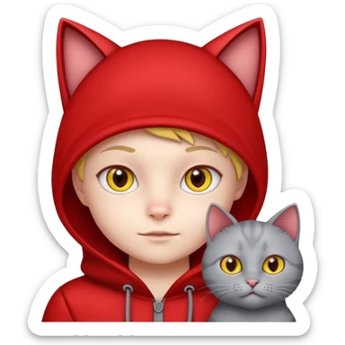 There is a kid wearing all red. Next to him there is a gray cat that has a red cat outfit and the cat has yellow eyes sticker