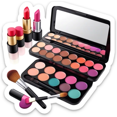 A photorealistic icon featuring makeup brushes, a lipstick being applied, an eyeshadow palette with colors in use and a compact mirror reflecting a half-done makeup look. The design captures the artistry and process of makeup with bright and realistic textures. Transparent background. sticker