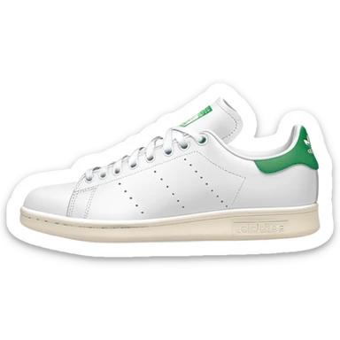 White and green Adidas Stan Smith sneakers with iconic green heel tab and perforated three stripes on the sides sticker