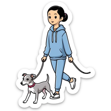Pretty Asian girl walking a pure solid grey Italian greyhound with absolutely no white markings anywhere on the dog sticker