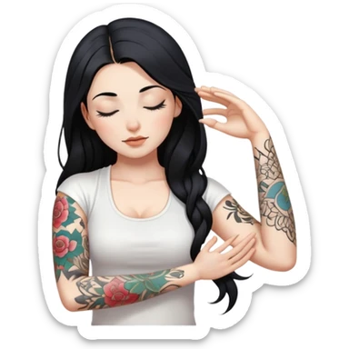 Yoga girl on a mat with white skin, long black hair and eyes closed, with just left arm tattooed and right arm NOT ttatooed, wearing white clothes sticker