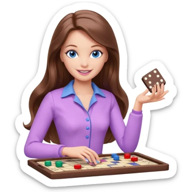 beautiful barbie girl with long brown hair, blue eyes and wearing light purple clothes playing board games sticker